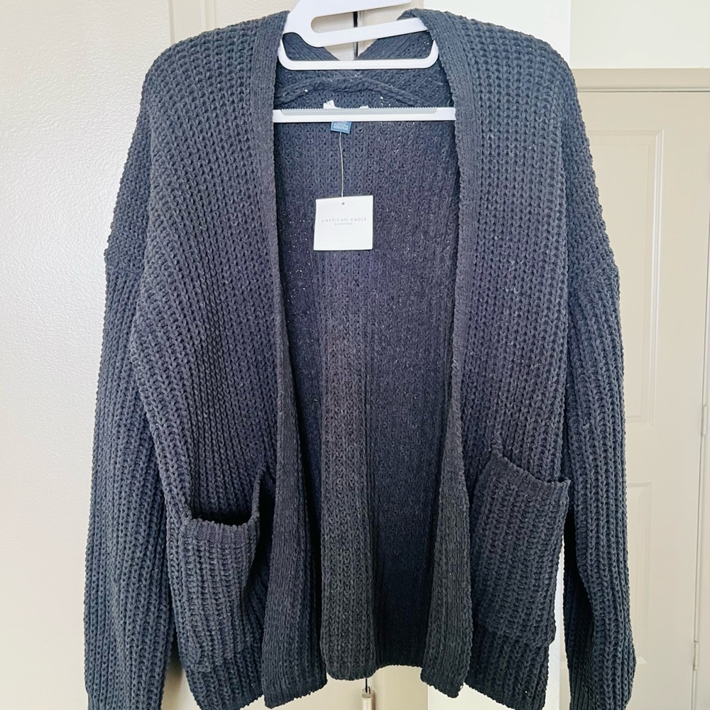 Black  Open-Front Chunky Knit Cardigan Sweater